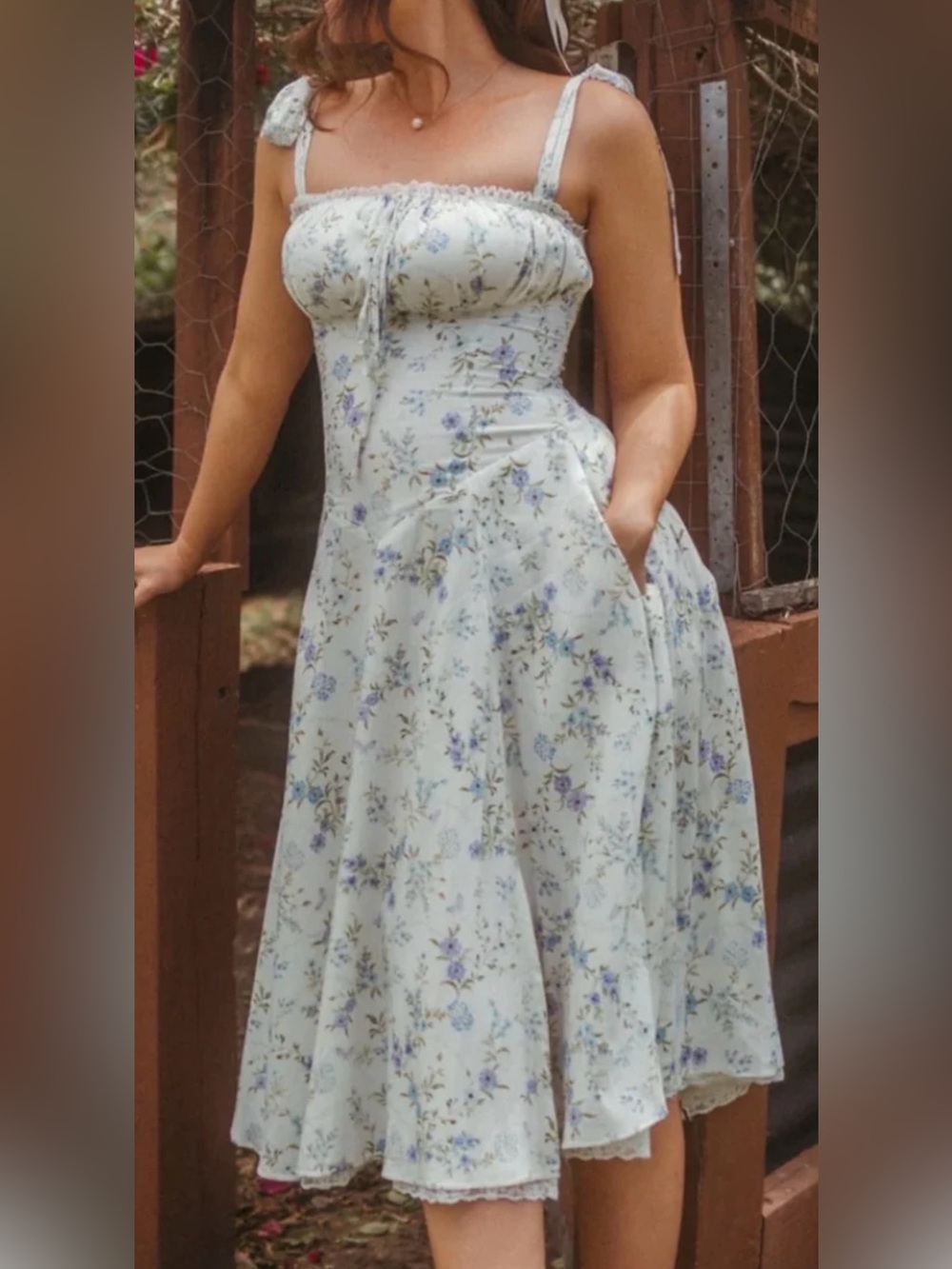 Sacred X Bree Floral Tie-Shoulder Midi Dress in Cream and Blue